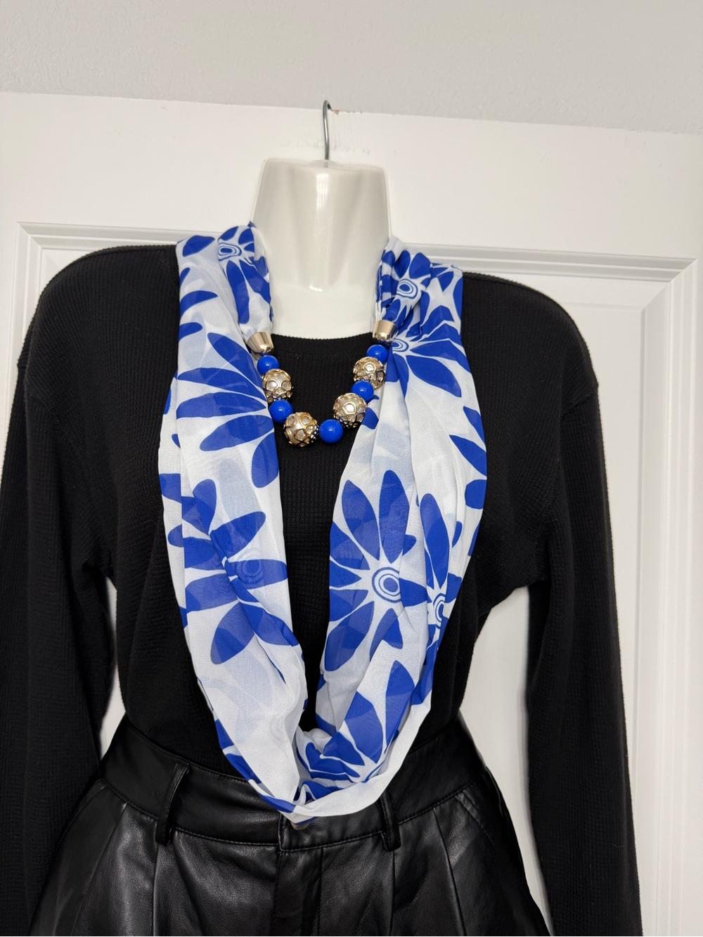 Blue & White Floral Infinity Scarf Necklace - Women's Accessory